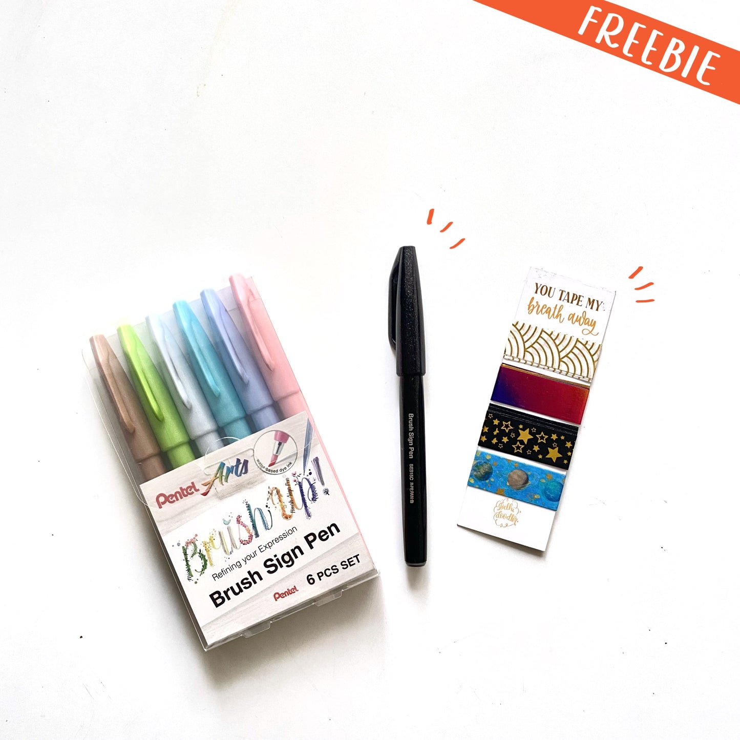 Pentel Pastel Mini Set of 6- FREE Black Pentel Brushpen + Washi Tape Sampler