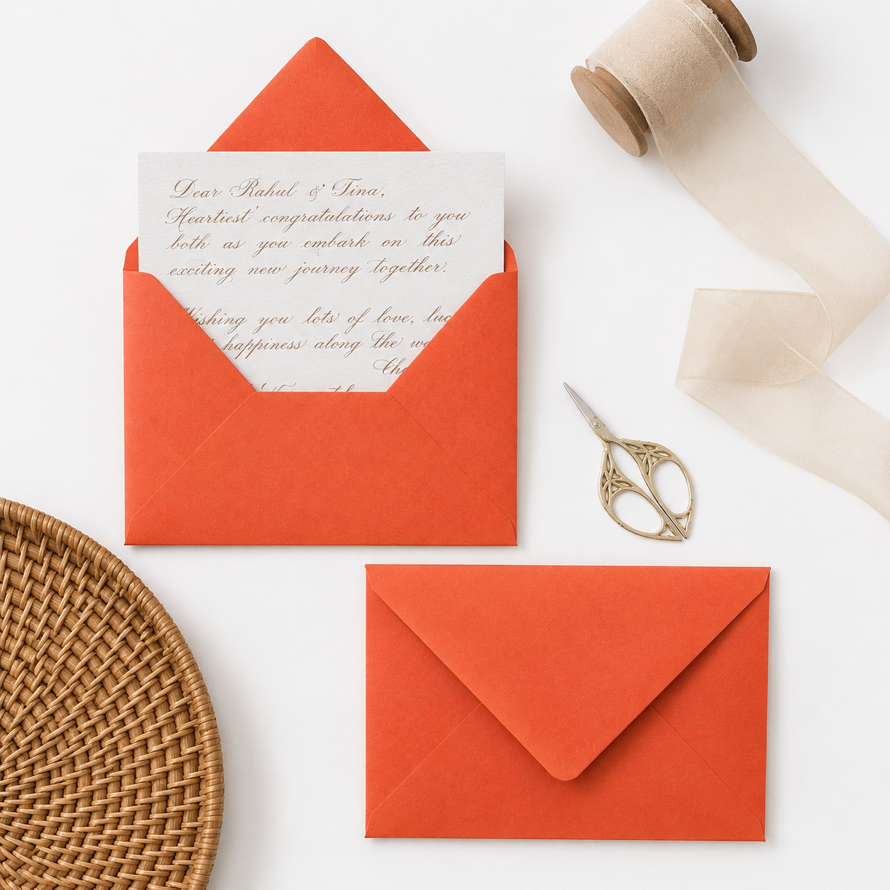 orange envelopes with a letter on a white surface, accompanied by scissors and ribbons.